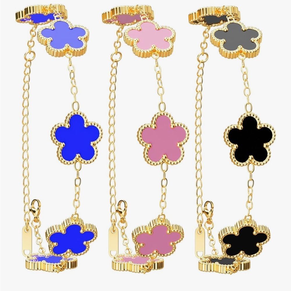 18K Gold Lucky Clover Bracelet Set Blue Pink Black Enamel Link Chain Trio